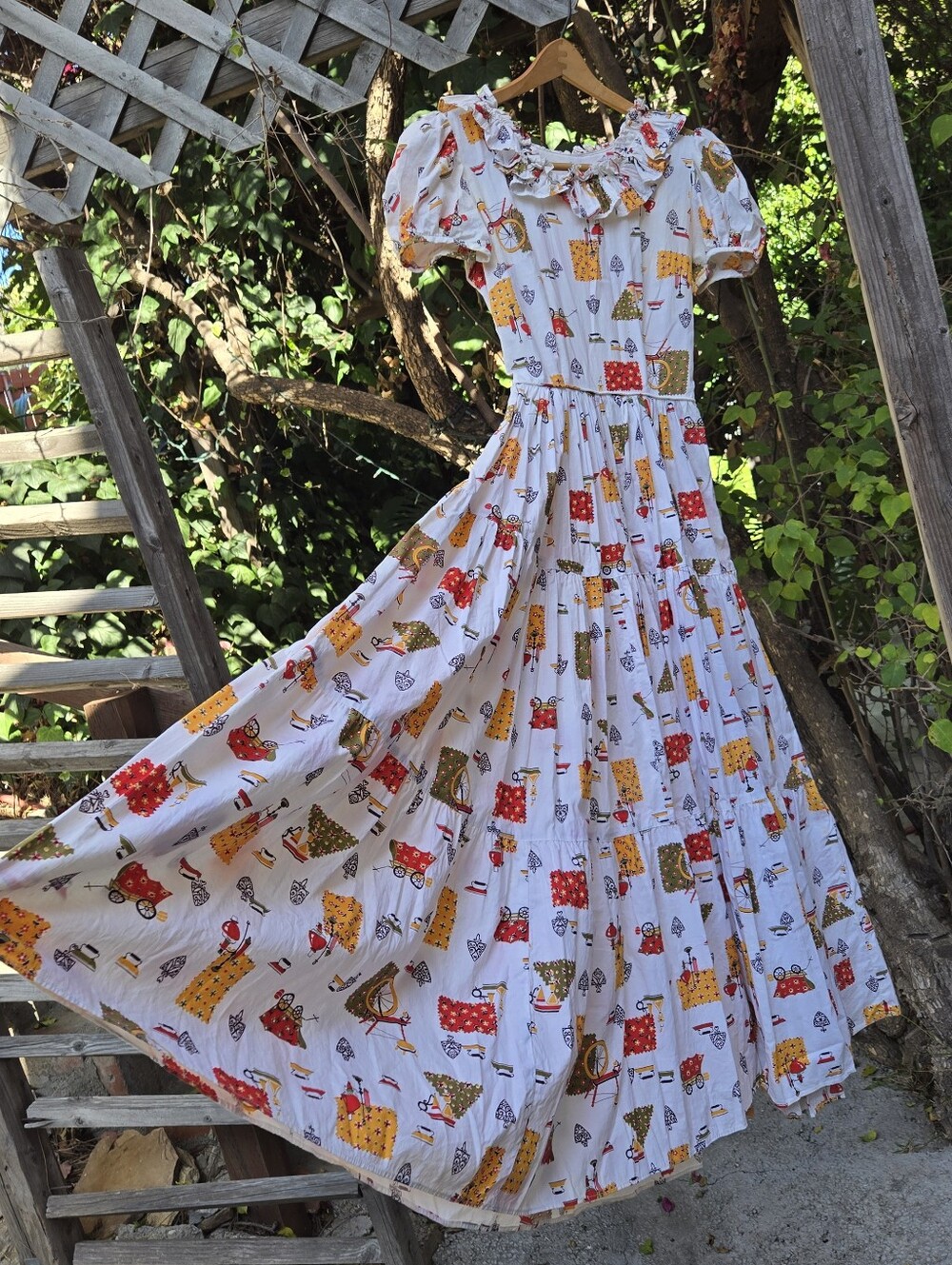 Vintage Puff Sleeve Novelty Print Maxi Dress xxs xs